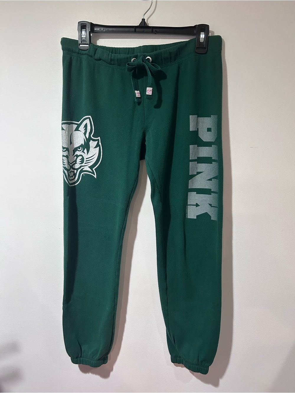 PINK Victoria's Secret Dark Green Drawstring Sweatpants with Pink Logo Tag